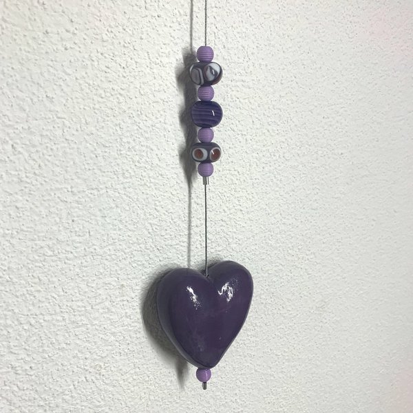 Herz 7 cm, violett, klein, mit Murano-Glasperlen